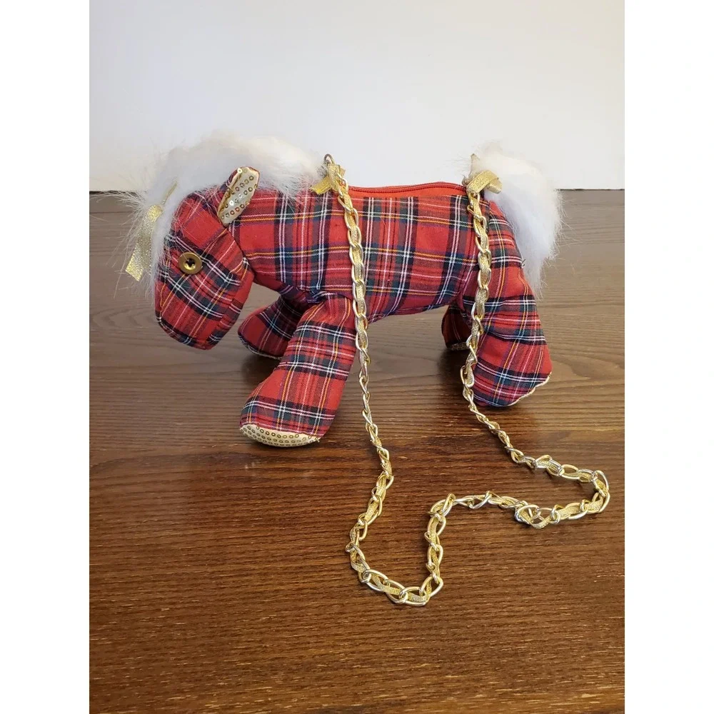 Blueberi Boulevard Girls 4T Red Dress Satin, Sheer & Glittery w/Plaid Pony‎ Tote